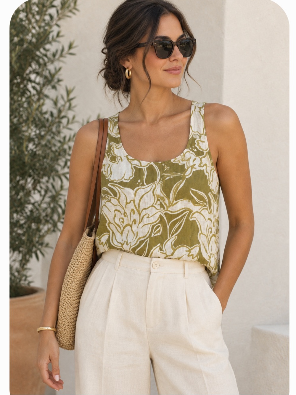 Christian Siriano Olive & White Floral Linen-Blend Crop Tank